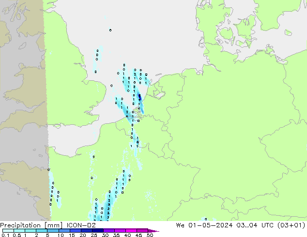 Précipitation ICON-D2 mer 01.05.2024 04 UTC