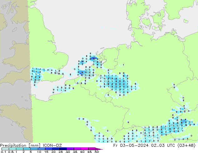 Srážky ICON-D2 Pá 03.05.2024 03 UTC