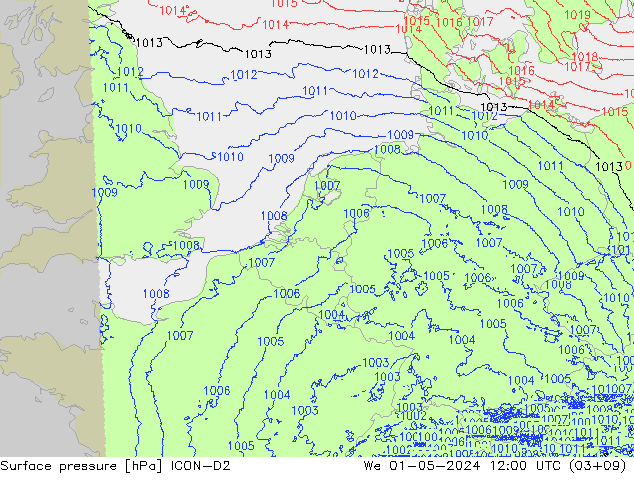 Surface pressure ICON-D2 We 01.05.2024 12 UTC