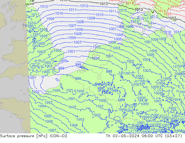 Surface pressure ICON-D2 Th 02.05.2024 06 UTC