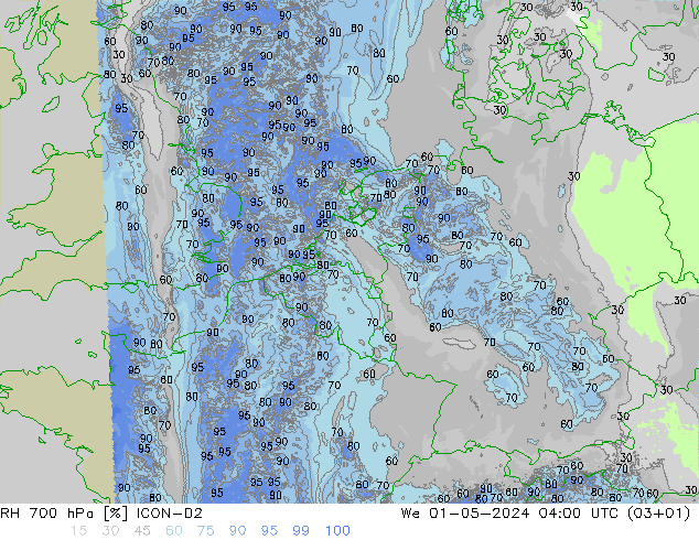 700 hPa Nispi Nem ICON-D2 Çar 01.05.2024 04 UTC