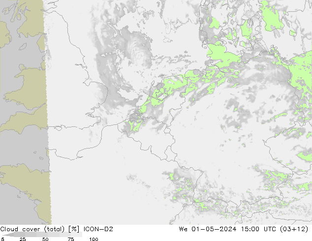 Cloud cover (total) ICON-D2 We 01.05.2024 15 UTC