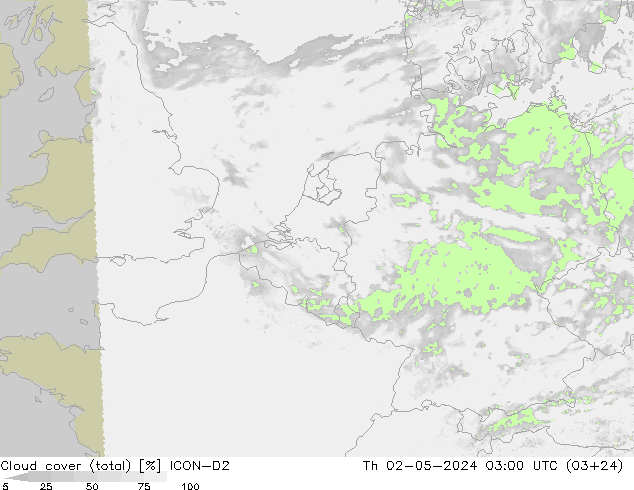 Cloud cover (total) ICON-D2 Th 02.05.2024 03 UTC