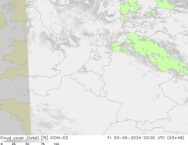 Cloud cover (total) ICON-D2 Fr 03.05.2024 03 UTC