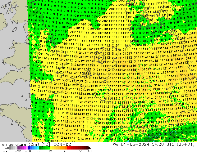 Temperatura (2m) ICON-D2 mié 01.05.2024 04 UTC