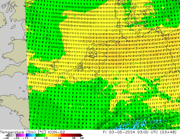 Temperaturkarte (2m) ICON-D2 Fr 03.05.2024 03 UTC