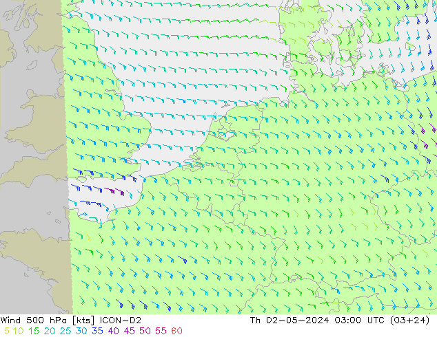 Vento 500 hPa ICON-D2 gio 02.05.2024 03 UTC