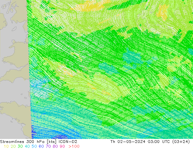 Linea di flusso 300 hPa ICON-D2 gio 02.05.2024 03 UTC