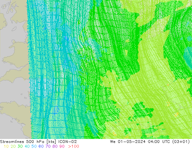 Rüzgar 500 hPa ICON-D2 Çar 01.05.2024 04 UTC