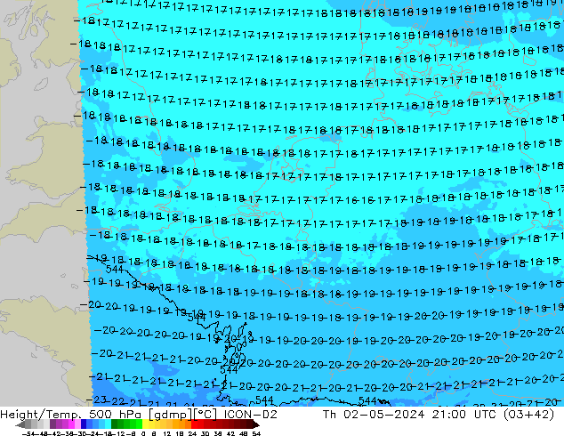 Height/Temp. 500 hPa ICON-D2 Th 02.05.2024 21 UTC