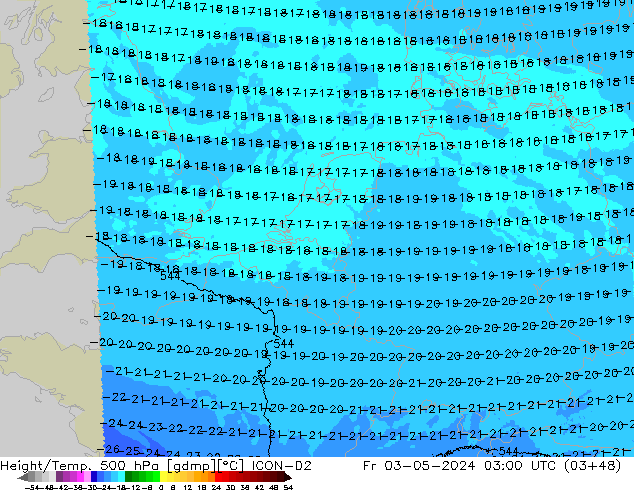 Height/Temp. 500 hPa ICON-D2 Fr 03.05.2024 03 UTC