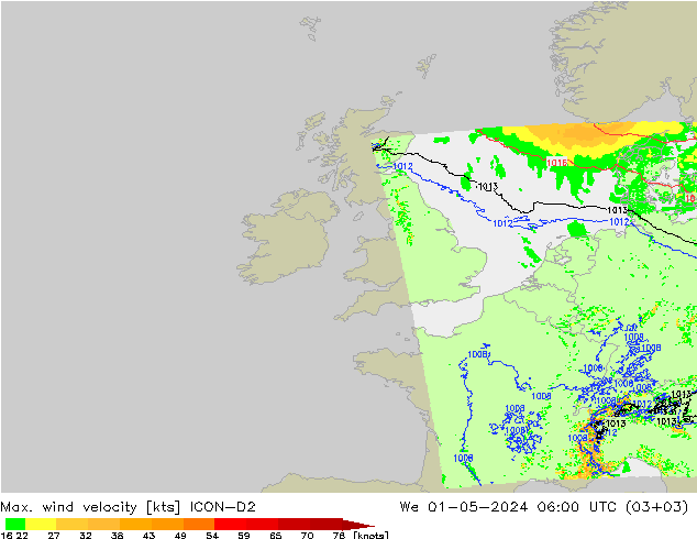 Max. wind snelheid ICON-D2 wo 01.05.2024 06 UTC