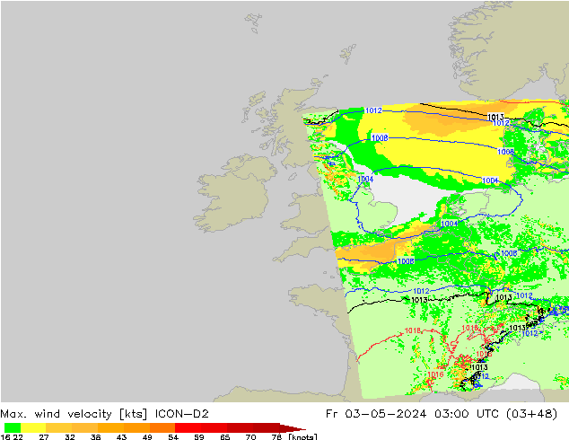 Max. wind velocity ICON-D2 Sex 03.05.2024 03 UTC