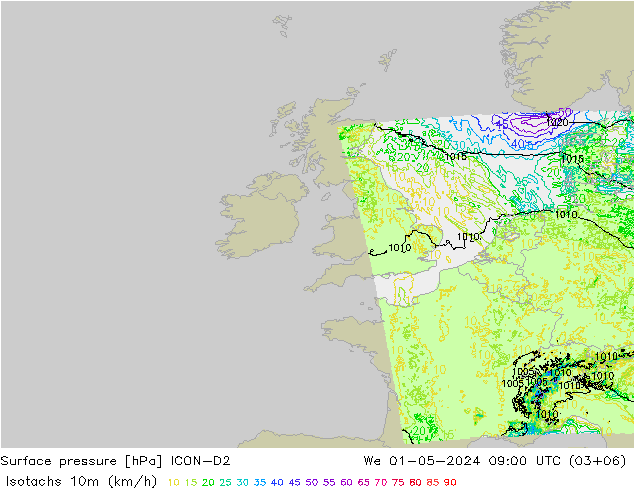 Isotachs (kph) ICON-D2 We 01.05.2024 09 UTC