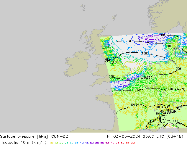 Isotachs (kph) ICON-D2 Pá 03.05.2024 03 UTC