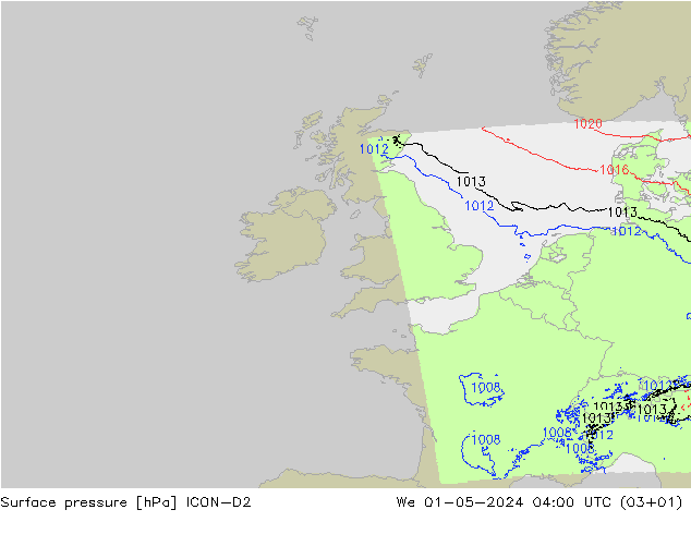 Surface pressure ICON-D2 We 01.05.2024 04 UTC