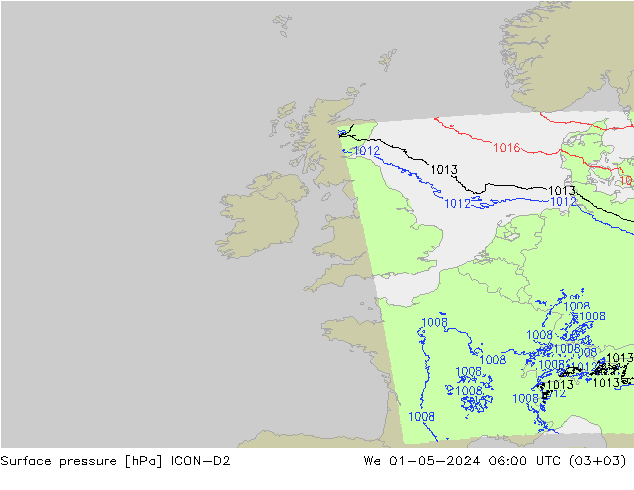 Luchtdruk (Grond) ICON-D2 wo 01.05.2024 06 UTC