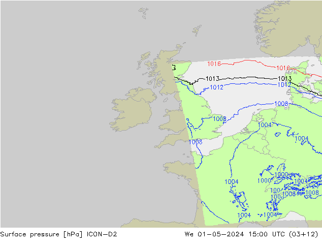 Presión superficial ICON-D2 mié 01.05.2024 15 UTC