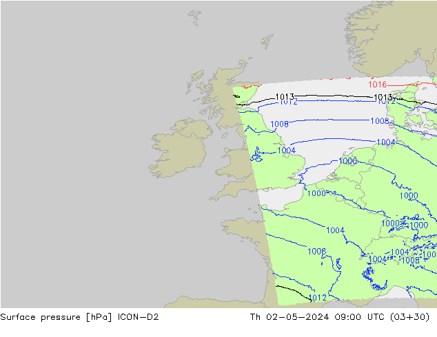 Pressione al suolo ICON-D2 gio 02.05.2024 09 UTC