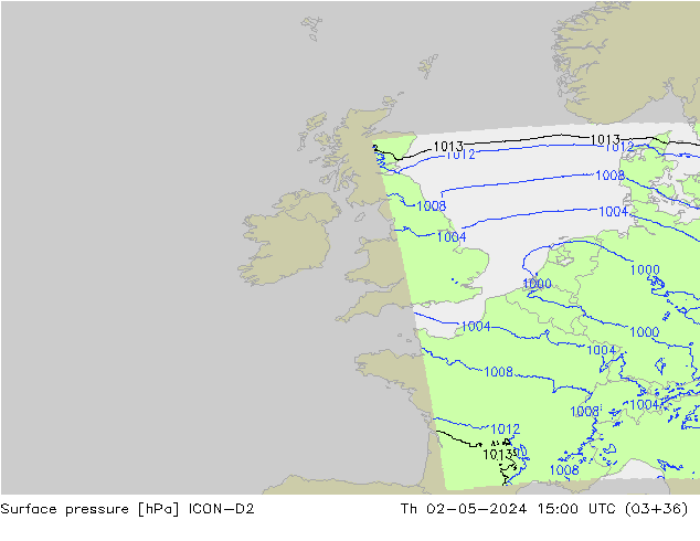 Pressione al suolo ICON-D2 gio 02.05.2024 15 UTC