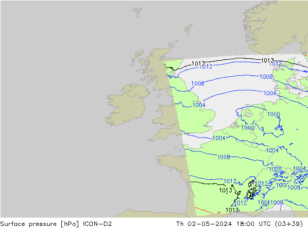 Pressione al suolo ICON-D2 gio 02.05.2024 18 UTC