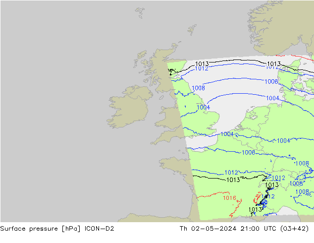 Atmosférický tlak ICON-D2 Čt 02.05.2024 21 UTC