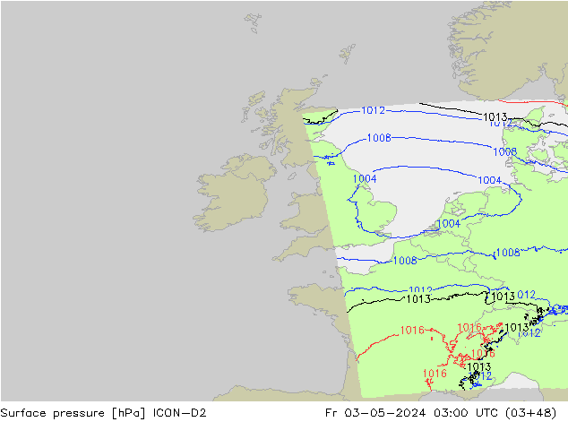 Atmosférický tlak ICON-D2 Pá 03.05.2024 03 UTC