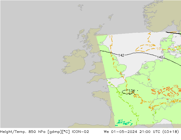Height/Temp. 850 hPa ICON-D2 mer 01.05.2024 21 UTC