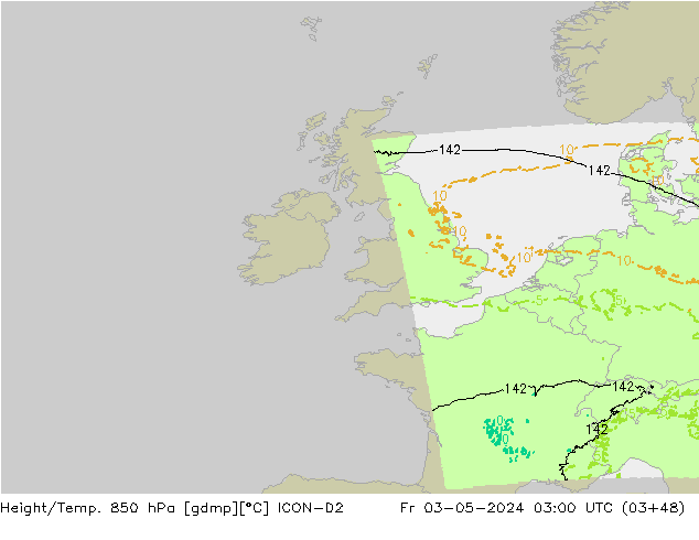 Height/Temp. 850 hPa ICON-D2 Sex 03.05.2024 03 UTC