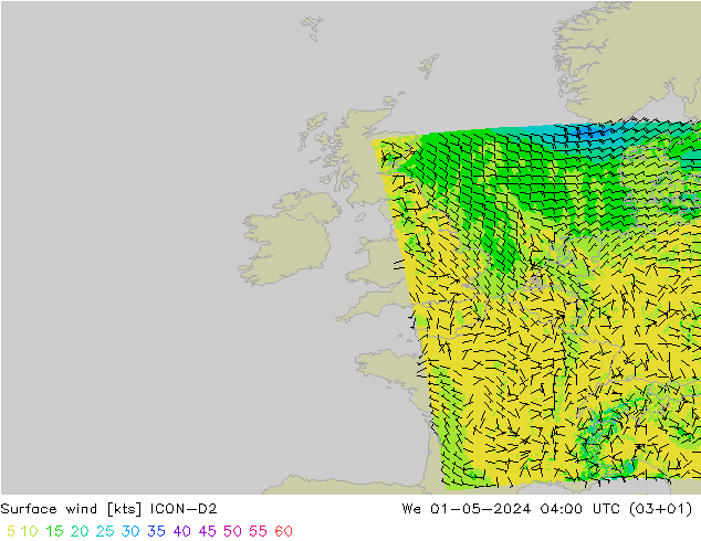 Vento 10 m ICON-D2 mer 01.05.2024 04 UTC