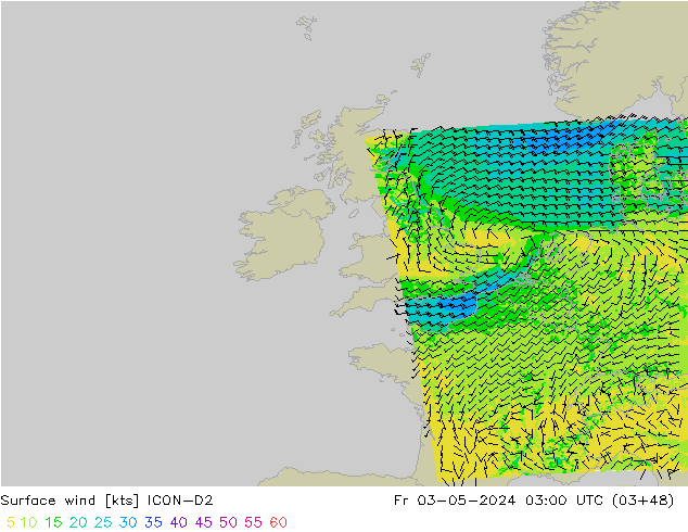 Surface wind ICON-D2 Pá 03.05.2024 03 UTC