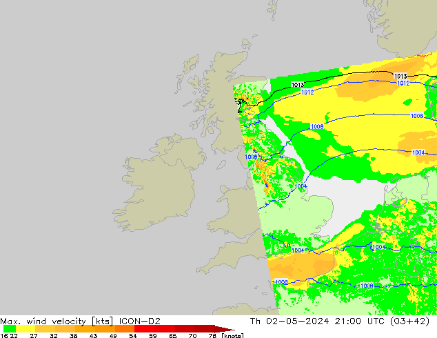 Max. wind velocity ICON-D2 чт 02.05.2024 21 UTC