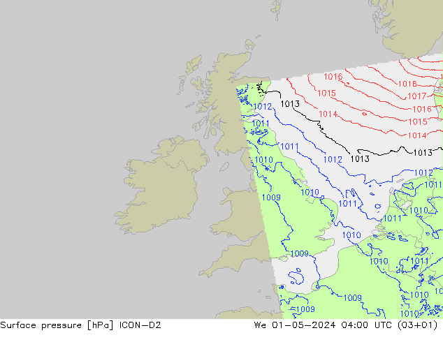 Atmosférický tlak ICON-D2 St 01.05.2024 04 UTC