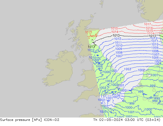 Surface pressure ICON-D2 Th 02.05.2024 03 UTC