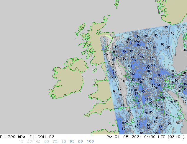 RH 700 hPa ICON-D2 We 01.05.2024 04 UTC