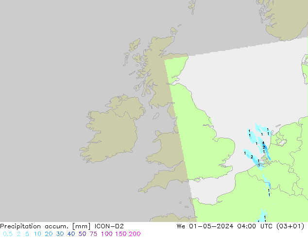 Totale neerslag ICON-D2 wo 01.05.2024 04 UTC