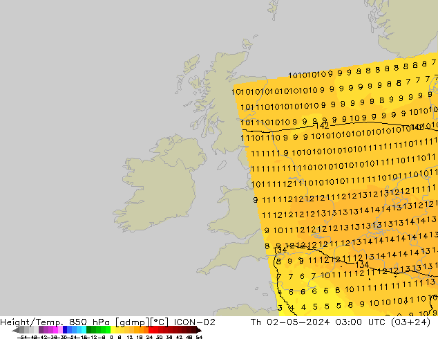 Géop./Temp. 850 hPa ICON-D2 jeu 02.05.2024 03 UTC