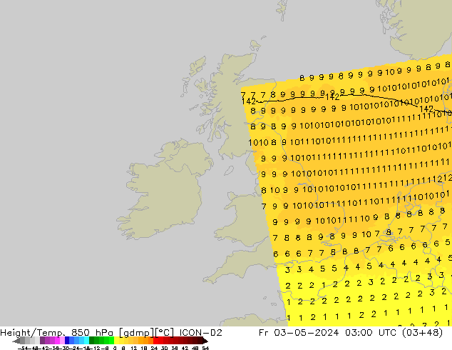 Géop./Temp. 850 hPa ICON-D2 ven 03.05.2024 03 UTC