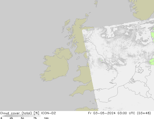 Cloud cover (total) ICON-D2 Pá 03.05.2024 03 UTC