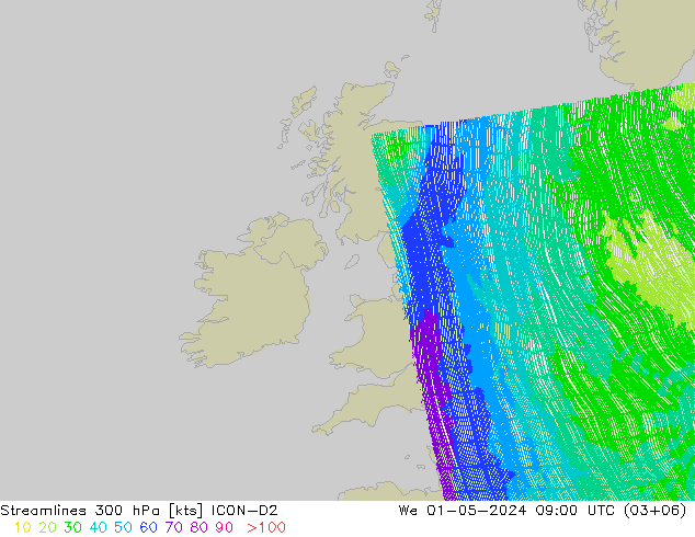 Rüzgar 300 hPa ICON-D2 Çar 01.05.2024 09 UTC
