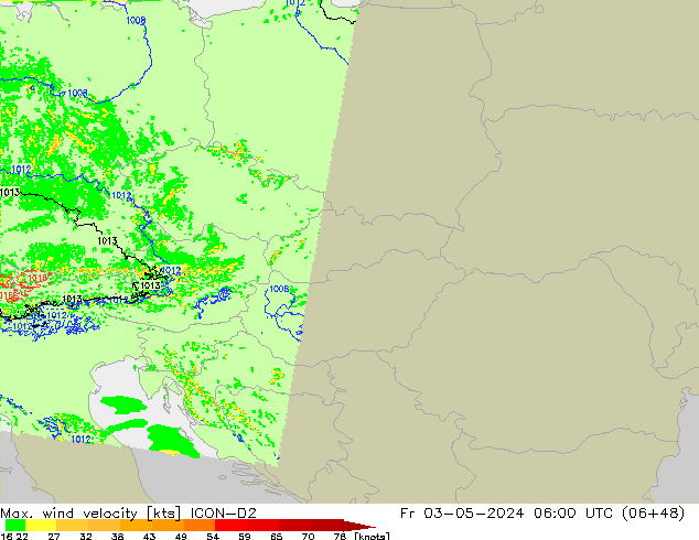 Max. wind velocity ICON-D2 ven 03.05.2024 06 UTC