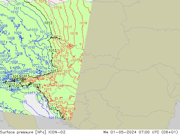 Surface pressure ICON-D2 We 01.05.2024 07 UTC