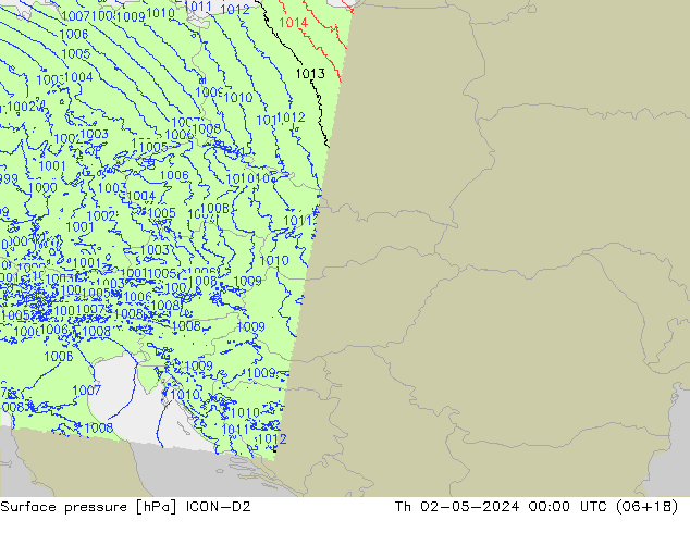 Surface pressure ICON-D2 Th 02.05.2024 00 UTC