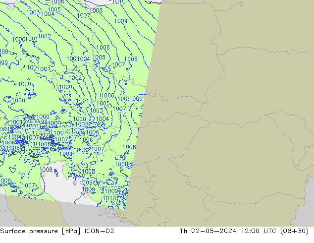 pressão do solo ICON-D2 Qui 02.05.2024 12 UTC