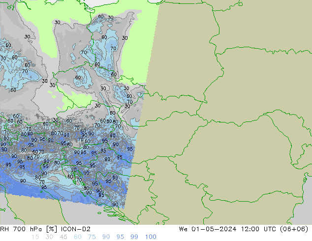 RH 700 hPa ICON-D2 St 01.05.2024 12 UTC