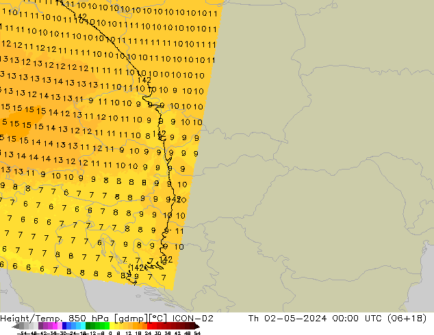 Height/Temp. 850 hPa ICON-D2 Th 02.05.2024 00 UTC