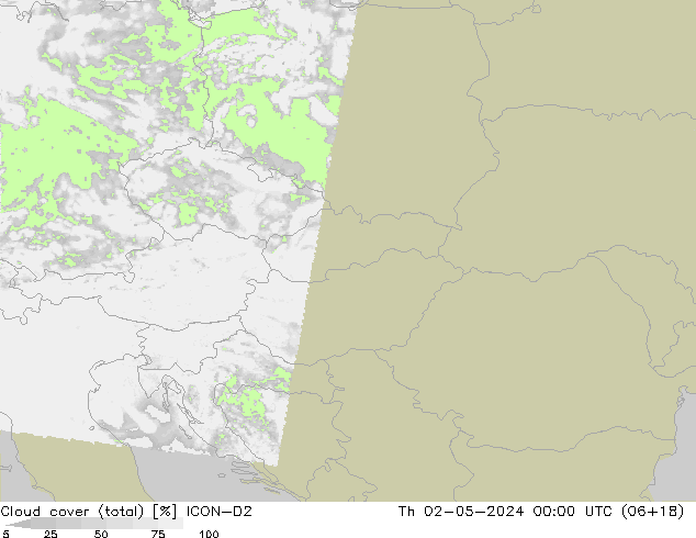 Cloud cover (total) ICON-D2 Čt 02.05.2024 00 UTC