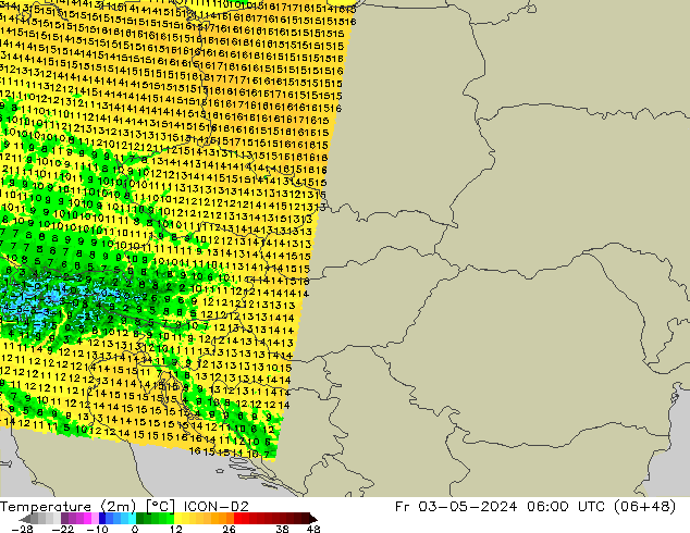 Temperatura (2m) ICON-D2 vie 03.05.2024 06 UTC