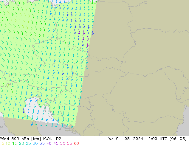 wiatr 500 hPa ICON-D2 śro. 01.05.2024 12 UTC