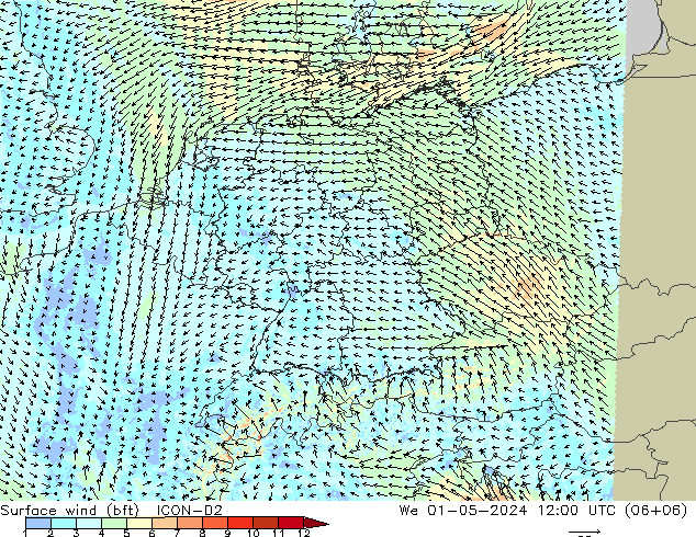 wiatr 10 m (bft) ICON-D2 śro. 01.05.2024 12 UTC